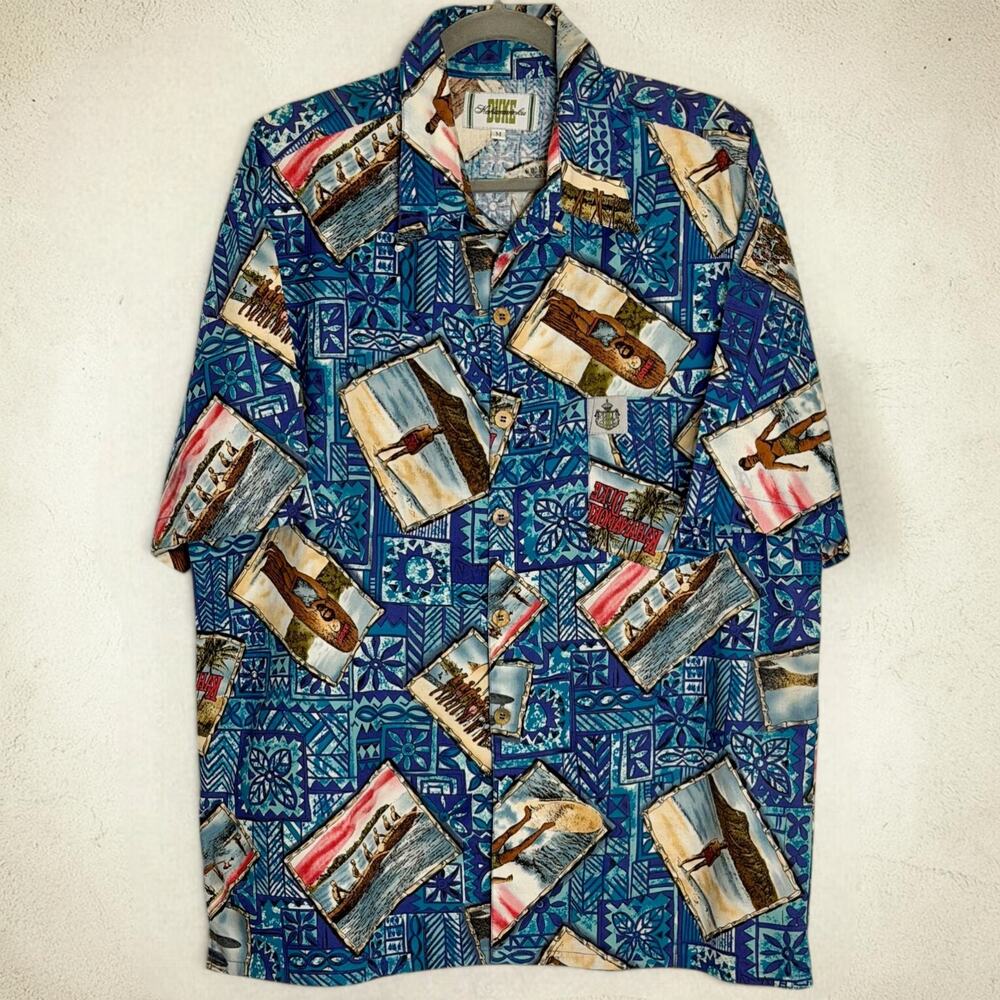 Vintage 90s Duke Kahanamoku Hawaiian Shirt Size M Surf Postcard Print Blue Aloha